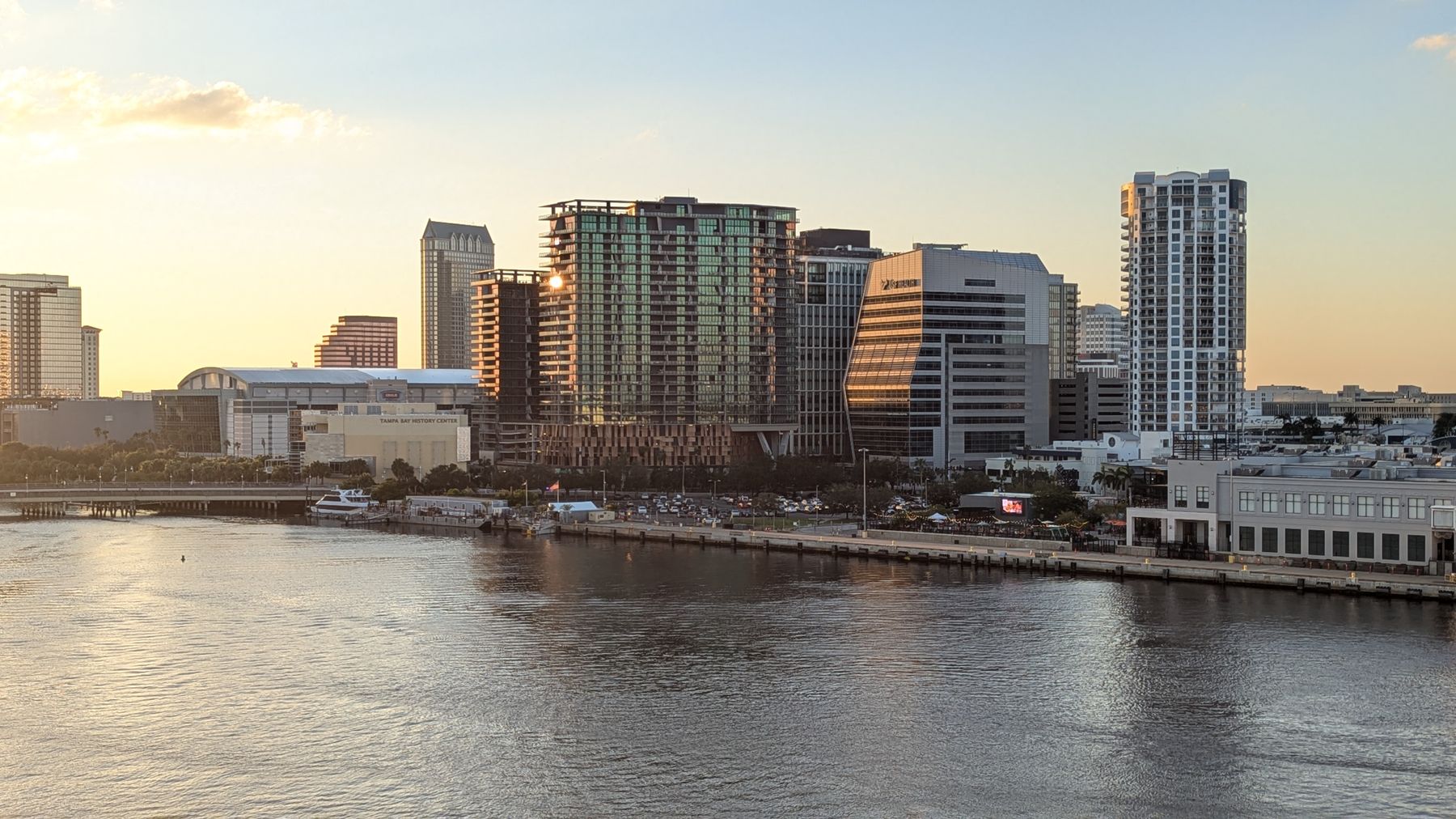 Downtown Tampa skyline and waterfront at dusk